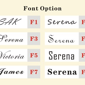 May include: A chart titled Font Option displaying eight distinct black font styles on white rectangular backgrounds, each labeled with a red code from F1 to F8. The names SAK, Serena, Victoria, and James are used to demonstrate the various typefaces.