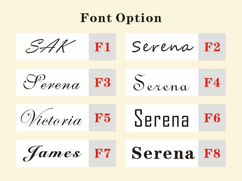 May include: A chart titled Font Option displaying eight distinct black font styles on white rectangular backgrounds, each labeled with a red code from F1 to F8. The names SAK, Serena, Victoria, and James are used to demonstrate the various typefaces.
