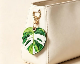 Personalized Monstera Leaf AirTag Keychain | Leather Bag Charm, Plant Lover Gift