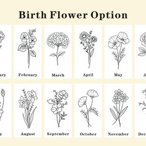 May include: A chart titled Birth Flower Option displaying twelve black and white line art illustrations of flowers, each labeled with a month from January to December. The grid features botanical drawings representing birth flowers for each month.