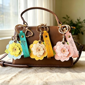 Personalized Camellia Leather Keychain | Customized Birthday Flower Bag Ornament | Multifunctional Card Holder, Birthday Gift