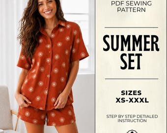 Women's Summer Pajama Set Sewing Pattern PDF: Button-Up Shirt & Shorts Loungewear Pattern, Sizes XS-XXXL