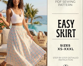 Women’s Easy Skirt PDF Sewing Pattern: Beginner Elastic Waist Midi Skirt, Sizes XS-XXXL