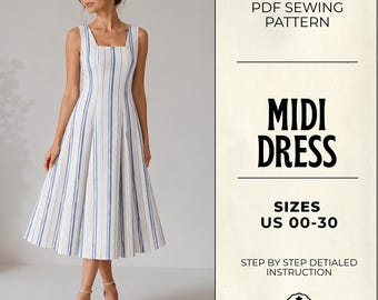 Midi Dress Sewing Pattern PDF: Square Neck Fit & Flare Sundress | Sizes US 00-30 | Beginner Friendly Sewing  Pattern