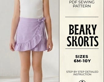 Beaky Skorts Sewing Pattern for Girls, Wrap Skirt Tutorial (Sizes 6M-10Y)