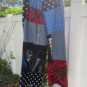 May include: Patchwork pants featuring a mix of fabrics including black and white polka dots, blue grid patterns, red and black leaf prints, and denim sections. One leg displays a graphic of a masked figure with a knife and the text New York, new rules.