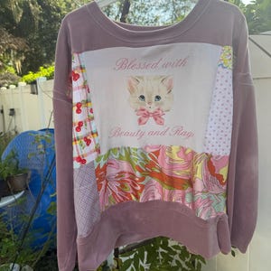 Patchwork upcycled sweatshirt with cute cat front