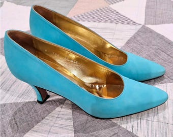 Escada Pumps Women 7.5 B Turquoise Blue Suede Gold Lining Good Vintage Italy