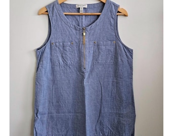 Ellen Tracy Linen Sleeveless Tunic Top Blue Gold Zip Front Tassel Vintage 80s