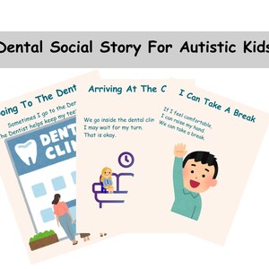May include: Three illustrated cards for a dental social story for autistic kids. The cards have text and illustrations about going to the dentist, arriving at the clinic, and taking a break. The title "Dental Social Story For Autistic Kids" is at the top.