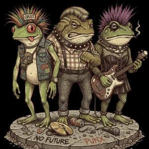 May include: Illustration of three punk rock frogs on a stone platform. The frogs have mohawks, studded collars, and edgy attire. One frog wears a gas mask, another plays a guitar, and the third has a cigarette. The platform reads "NO FUTURE PUNX".