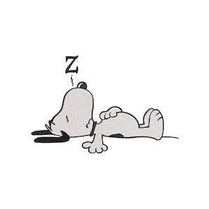 May include: An embroidery design featuring a light gray cartoon dog lying on its back with eyes closed in a sleeping position. The dog has black ears, a black collar, and a black spot on its back. A black letter Z is positioned above the head.