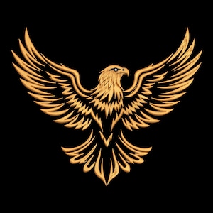 Puede incluir: Ilustración de un águila dorada con las alas extendidas sobre un fondo negro. El águila está detallada con plumas texturizadas y un pico afilado. El diseño es simétrico, con las alas del águila completamente desplegadas.