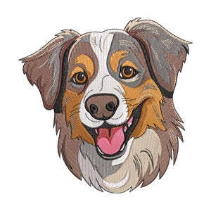 Puede incluir: Imagen bordada de la cara de un perro sonriente. El perro tiene pelo marrón, gris y blanco, con una lengua rosa y ojos marrones. Las orejas del perro son caídas y la imagen está sobre un fondo blanco.