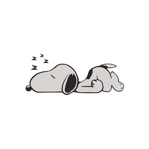 May include: An embroidered design of a light gray beagle dog lying down in a sleeping position. The dog has a black ear, a black nose, and a small black spot on its back. Four small black Z-shaped symbols are positioned above the dog's head.