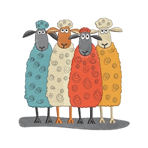 May include: An embroidered design featuring four sheep in a row, each with a unique color and pattern. The sheep are in shades of blue, cream, red, and yellow, with whimsical spiral details. They stand on a gray, textured base against a white background.
