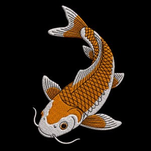 May include: Embroidered koi fish patch in orange, white, and black. The fish is depicted in a curved pose, with detailed scales and fins. The patch is likely for clothing or accessories.