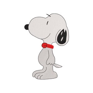 May include: A light gray cartoon dog character standing in profile, featuring a round black nose, a single black ear, and a bright red collar around its neck. The design is outlined in black with a simple, clean aesthetic and a white background.