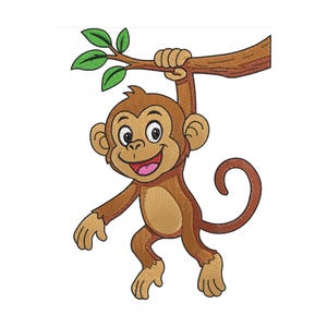 Könnte beinhalten: Ein Cartoon-Affe mit braunem Fell, einem lächelnden Gesicht und großen Augen hängt an einem braunen Ast mit grünen Blättern. Der Schwanz des Affen ist eingerollt, und seine Hände und Füße sind sichtbar.