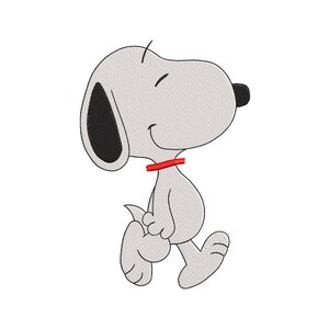 May include: An embroidered design of a white cartoon dog with a black ear, a black nose, and a red collar. The dog is depicted in profile, walking with a happy expression, eyes closed, and a small smile. The embroidery features visible stitching.