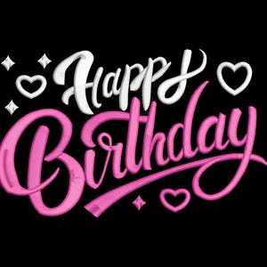 Könnte beinhalten: Auf schwarzem Hintergrund steht der Schriftzug "Happy Birthday" in weiß und rosa. Das Wort "Happy" ist weiß, und "Birthday" ist rosa. Weiße Herzen und Diamanten umgeben den Text.