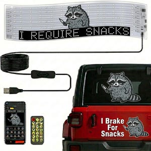 I Require Snacks Embroidered Raccoon, USA 250 Independence Day, Programmable LED Display, App Controlled Car Window Sign, Home Decor