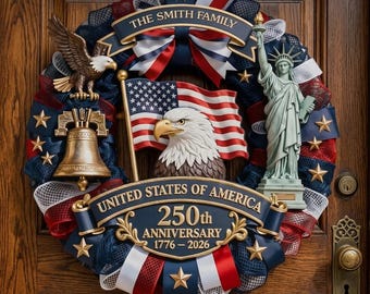 Personlig krans för USA:s 250-årsjubileum 1776–2026, patriotisk dörrskylt, anpassad dekoration med efternamnet Eagle Liberty