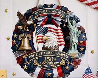 Corona personalizada del 250 aniversario de Estados Unidos (1776-2026), letrero patriótico para puerta con nombre familiar personalizado, decoración de EE. UU., regalo del 4 de julio