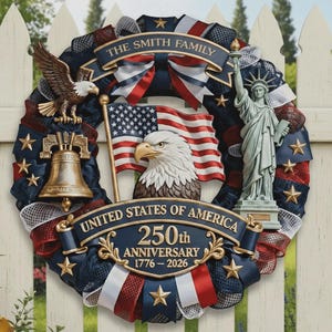 May include: A patriotic wreath with a red, white, and blue color scheme. The wreath features an American flag, an eagle, the Statue of Liberty, and the text "United States of America 250th Anniversary 1776-2026". The text "The Smith Family" is also included.