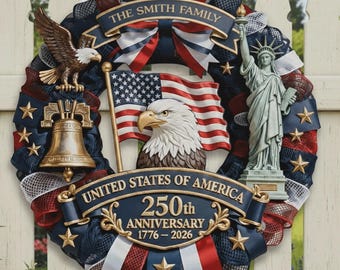 Personalized America 250th Anniversary Wood Wreath 1776-2026 Patriotic Door Sign Semiquincentennial Family Name Decor