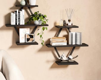 Floating Wall Shelves Set of 2, 3 Tier Hanging Shelves, Wall Mounted Storage Shelves, Rustic Wood Shelf, Small Space Organizer