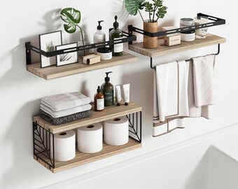 3+1 Floating Bathroom Shelves Set, Wall Mounted Bathroom Storage Organizer, Small Space Toiletry Shelf, Modern Bathroom Wall Decor