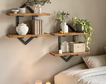 Floating Wall Shelves Set of 2, Rustic Wood Shelf with Metal Brackets, Small Space Wall Storage, Farmhouse Decor Shelves