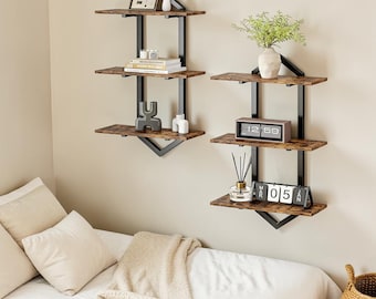 Set of 2 Rustic Brown 3 Tier Floating Shelves, Farmhouse Wall Mounted Storage Shelves for Bathroom Kitchen Living Room Decor