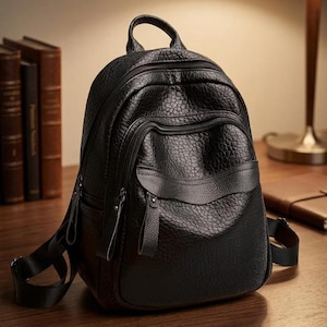 Può includere: Zaino in pelle nera strutturata con più scomparti con cerniera e spallacci regolabili. Dotato di maniglia superiore per un facile trasporto. La borsa è progettata con una forma arrotondata e una tasca frontale.