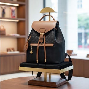 Può includere: Zaino nero e marrone con un pannello frontale trapuntato e una patta in pelle marrone. La borsa è dotata di un manico superiore, spallacci regolabili e un ciondolo a forma di faccina sorridente. Lo zaino è esposto su un supporto in velluto nero.