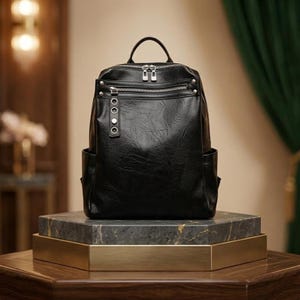 Puede incluir: Una mochila de cuero negro con múltiples compartimentos con cremallera y bolsillos laterales. La mochila tiene un asa superior y correas ajustables. La bolsa se exhibe en un soporte de exhibición de mármol y dorado.