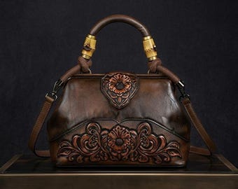 Handgemaakte leren handtas – Vintage bruine tas met bloemenmotief, handvat aan de bovenkant en schouderband, ambachtelijke tas in westernstijl
