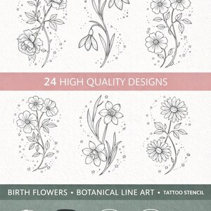 Puede incluir: Dise&ntilde;os de arte lineal bot&aacute;nico en blanco y negro de varias flores, incluyendo peon&iacute;as, campanillas de invierno y margaritas. La imagen incluye el texto "INCLUDED DESIGNS", "24 HIGH QUALITY DESIGNS", "BIRTH FLOWERS &bull; BOTANICAL LINE ART &bull; TATTOO STENCIL" e iconos para PNG transparente, Procreate ready, alta calidad y 300 DPI.
