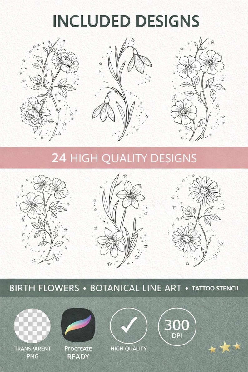 Puede incluir: Dise&ntilde;os de arte lineal bot&aacute;nico en blanco y negro de varias flores, incluyendo peon&iacute;as, campanillas de invierno y margaritas. La imagen incluye el texto "INCLUDED DESIGNS", "24 HIGH QUALITY DESIGNS", "BIRTH FLOWERS &bull; BOTANICAL LINE ART &bull; TATTOO STENCIL" e iconos para PNG transparente, Procreate ready, alta calidad y 300 DPI.