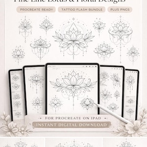 Fine Line Lotus Floral Tattoo Stamps, Procreate Brush Set, Minimalist Designs (Digital Download)
