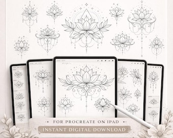 Sellos de tatuaje floral de loto de líneas finas, conjunto de pinceles para Procreate, diseños minimalistas (descarga digital)