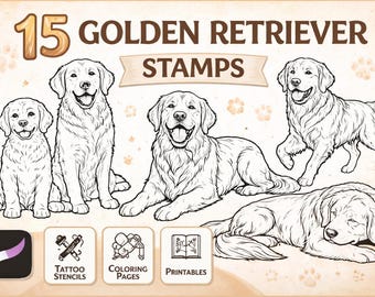 Puede incluir: Una ilustración con 15 sellos de Golden Retriever. La imagen muestra varias poses de los perros, incluyendo sentados, de pie y acostados. El texto incluye "Golden Retriever Stamps", "Tattoo Stencils", "Coloring Pages" y "Printables".
