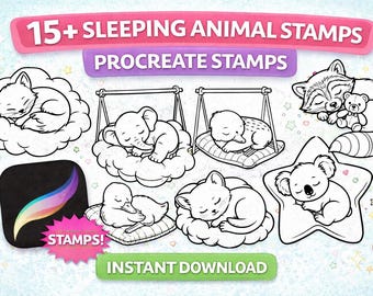 Sellos de animales durmiendo para Procreate, imágenes prediseñadas para guardería, pinceles de arte lineal (descarga digital)
