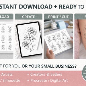 24 imágenes PNG de tatuajes florales de líneas finas / Arte lineal minimalista de flores de nacimiento (descarga digital) imagen 4
