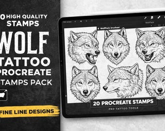 Puede incluir: Un paquete de arte digital con 20 sellos de tatuajes de lobos para Procreate. La imagen muestra ilustraciones detalladas en blanco y negro de caras de lobos. El texto dice "WOLF TATTOO PROCREATE STAMPS PACK".