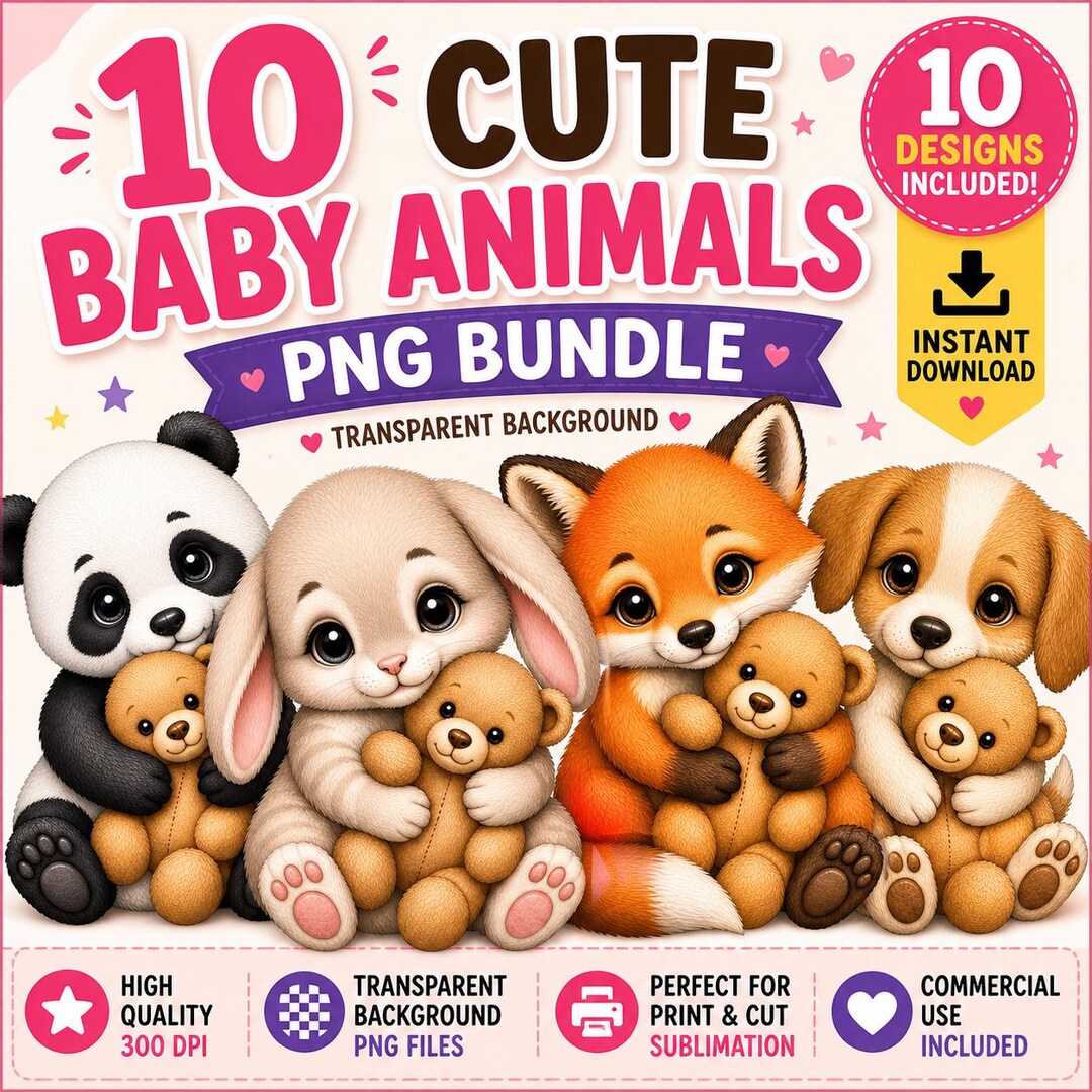 Cute Baby Animal PNG Bundle, Kawaii Animals Clipart, Teddy Bear Animals ...