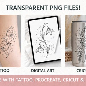 Puede incluir: Tres paneles que muestran dise&ntilde;os florales de l&iacute;neas negras. El primero es un tatuaje en la piel, el segundo un dibujo digital en una tableta y el tercero una calcoman&iacute;a en un vaso de acero inoxidable. Texto: TRANSPARENT PNG FILES!