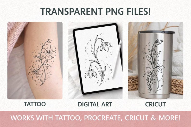 Puede incluir: Tres paneles que muestran dise&ntilde;os florales de l&iacute;neas negras. El primero es un tatuaje en la piel, el segundo un dibujo digital en una tableta y el tercero una calcoman&iacute;a en un vaso de acero inoxidable. Texto: TRANSPARENT PNG FILES!