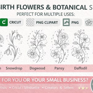 Puede incluir: Ilustraciones en blanco y negro de flores de nacimiento, incluyendo clavel, campanilla de invierno y margarita. La imagen incluye el texto "Birth Flowers & Botanical Set" y "Perfect for Multiple Uses".